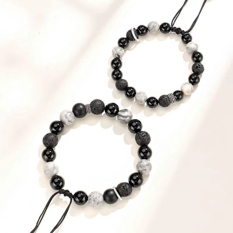 Black agate map stone and volcanic rock bracelet in diamond shape, showing 8mm and 10mm size options.