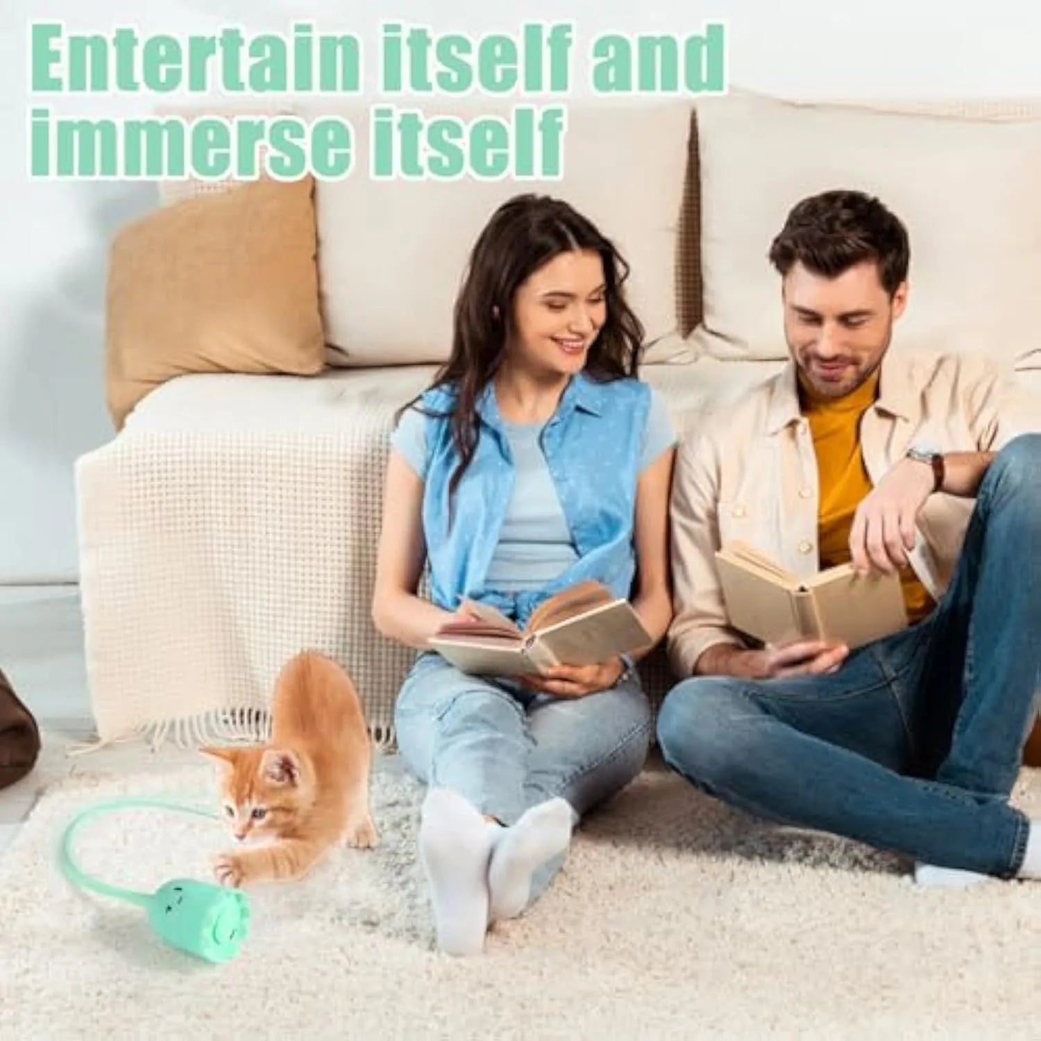 Green automatic cat wand toy with silicone tails swinging, placed on wooden floor
