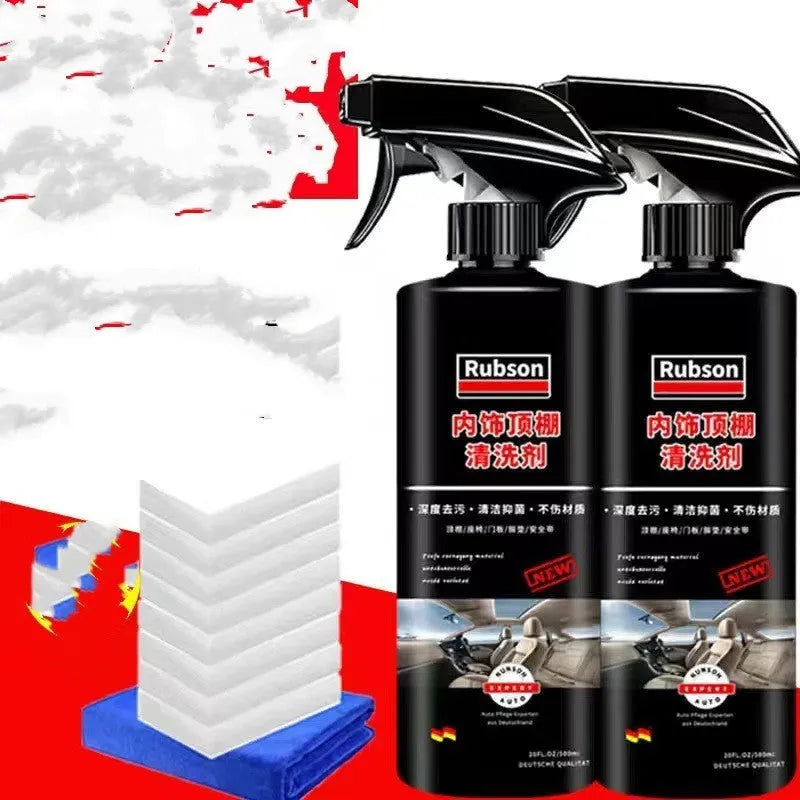 Wash-free fabric roof foam cleaner bottle with microfibre towel and sponge wipes for car interior cleaning.