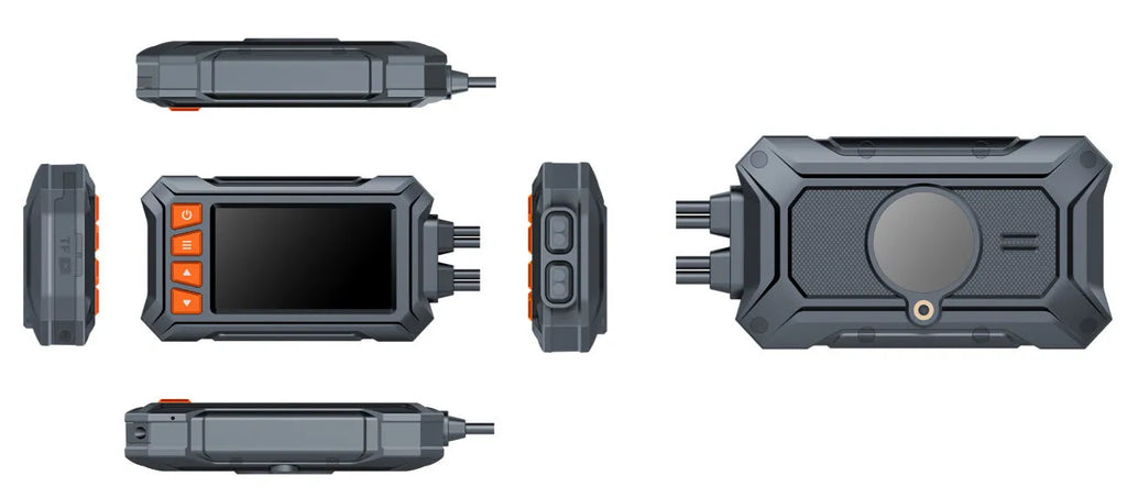 Motorcycle dual lens GPS recorder with 3 inch display showing waterproof body and mounting components