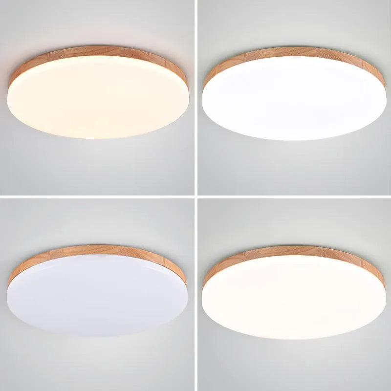 Japanese minimalist LED ceiling lamp with wood art base and acrylic shade in three size options