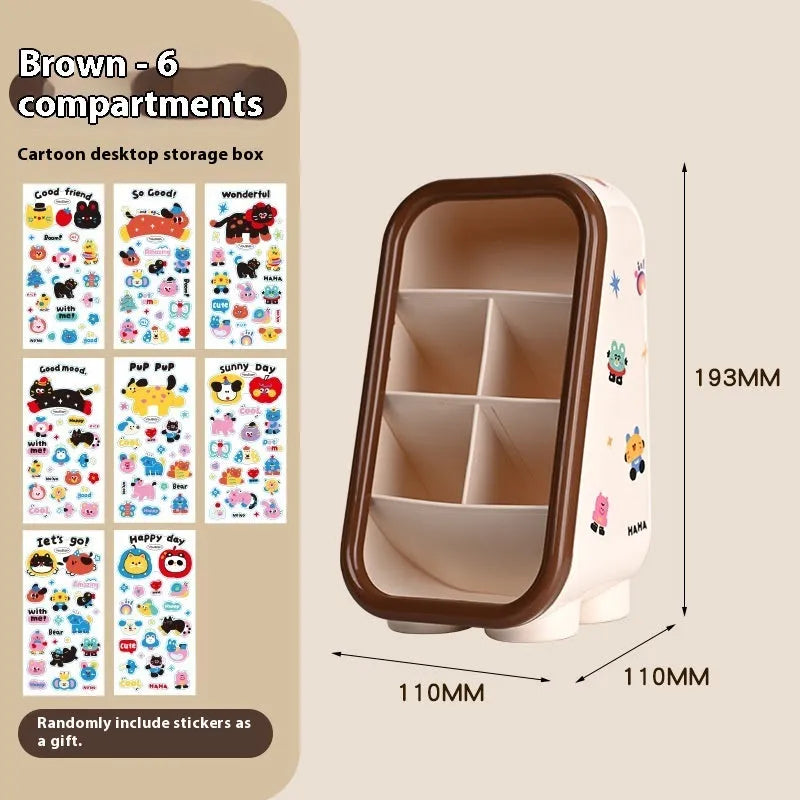 Plastic desktop storage box with cartoon stickers showing 2L capacity for stationery organisation