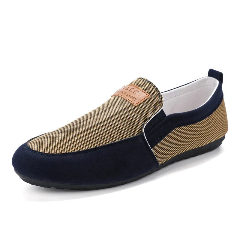 Men's grey canvas board shoes with round toe and sewing thread detail on cotton-lined upper