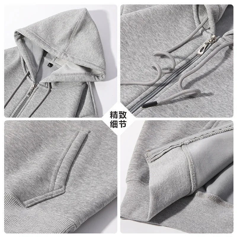 Man wearing a beige loose fit zip-up hooded cardigan with top-stitching pockets.