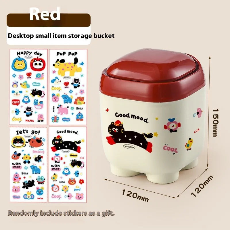 Plastic desktop storage box with cartoon stickers showing 2L capacity for stationery organisation