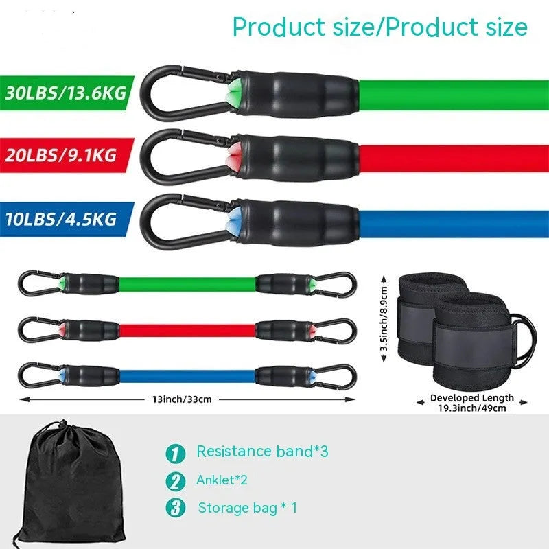 Set of three TPE resistance bands in 10, 20, 30 pound tensions with two black foot loops and a storage bag.