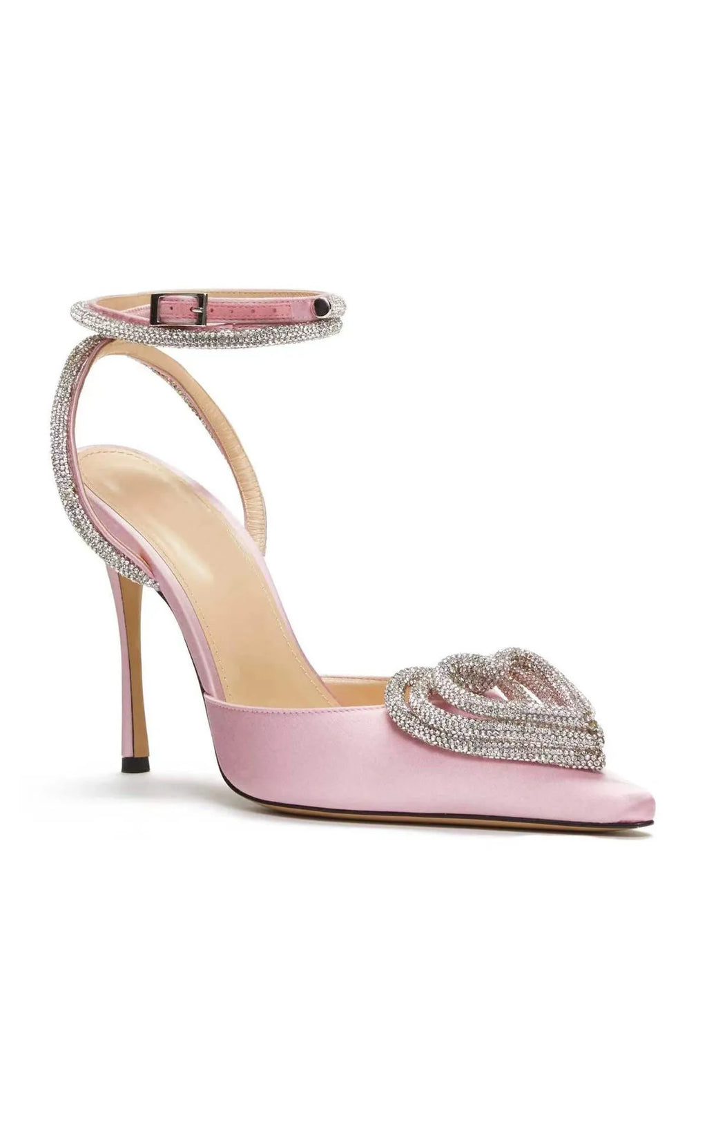 Women's pink satin sandals with heart-shaped rhinestone toe holders and cross-belt straps