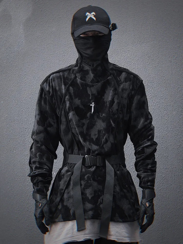 Men's black tie dye printed sweater with a finger turtleneck collar and loose drop-shoulder sleeves.
