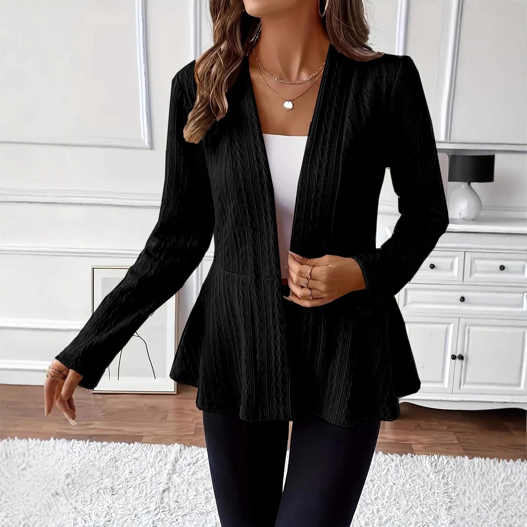 Women's solid colour knitted cardigan with single button and Jacquard pattern texture