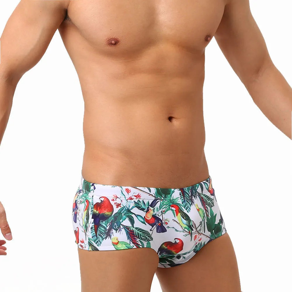Men's floral bird print swimming trunks in nylon boxer brief style on size chart