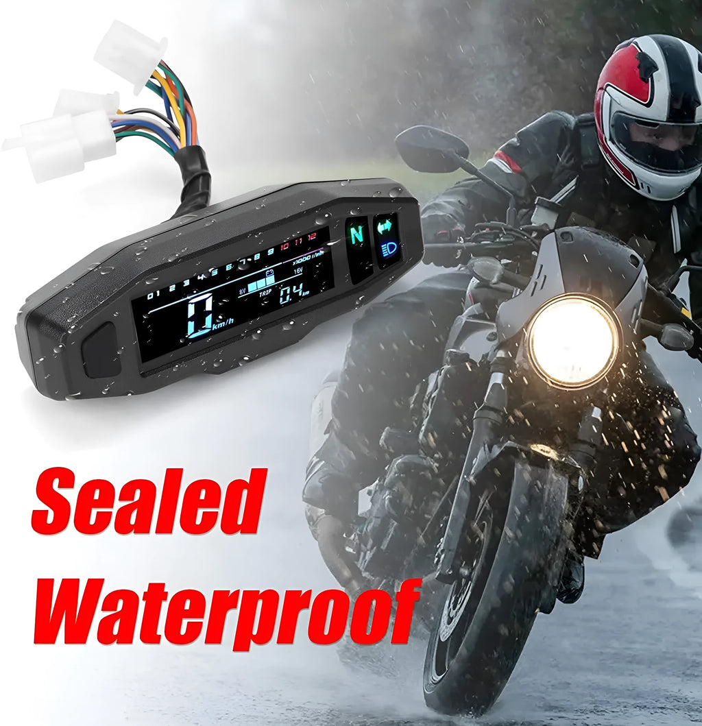 Black motorcycle mini speedometer with LCD display showing speedometer, odometer, tachometer and fuel gauge functions
