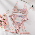 Light purple satin lingerie four-piece set with mercerized embroidery detailing