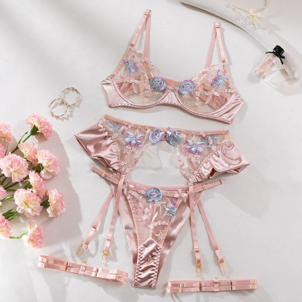 Light purple satin lingerie four-piece set with mercerized embroidery detailing