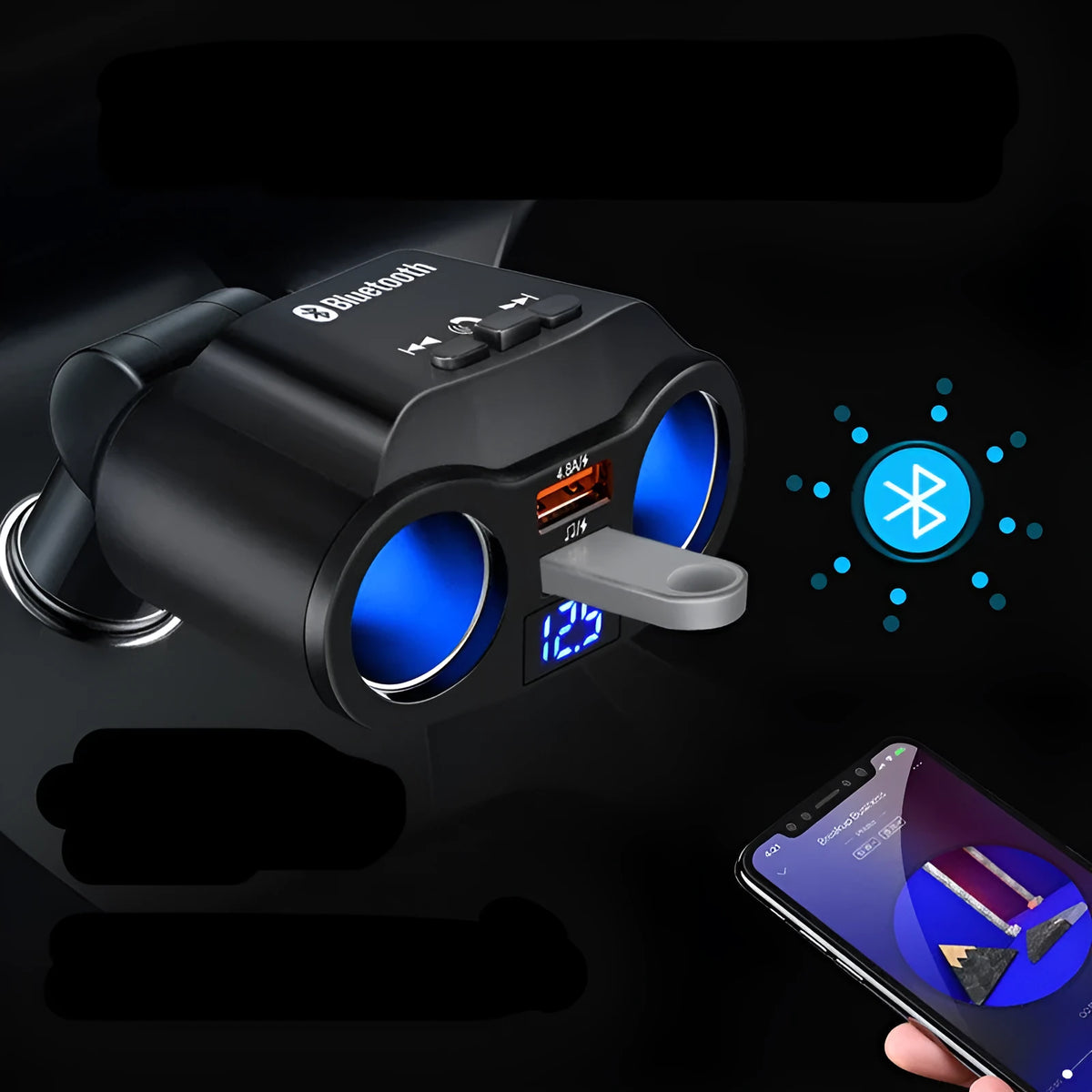 A black car Bluetooth FM transmitter and charger plugged into a vehicle's cigarette lighter socket.