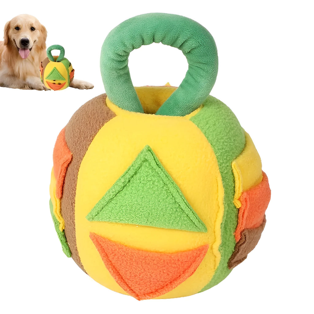 Green or pink polyester plush squeaky ball dog toy with treat pockets, shown next to a dog treat for scale.