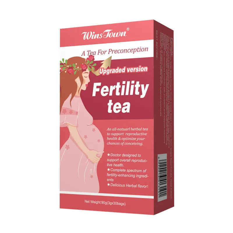 Box of fertility tea containing 30 individual herbal tea bags for daily reproductive health supplementation