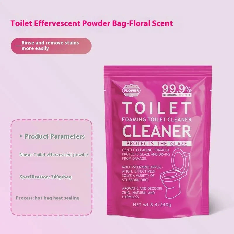 Toilet effervescent cleaning powder in blue ocean or pink floral fragrance, packaged in a large bag or box of sachets