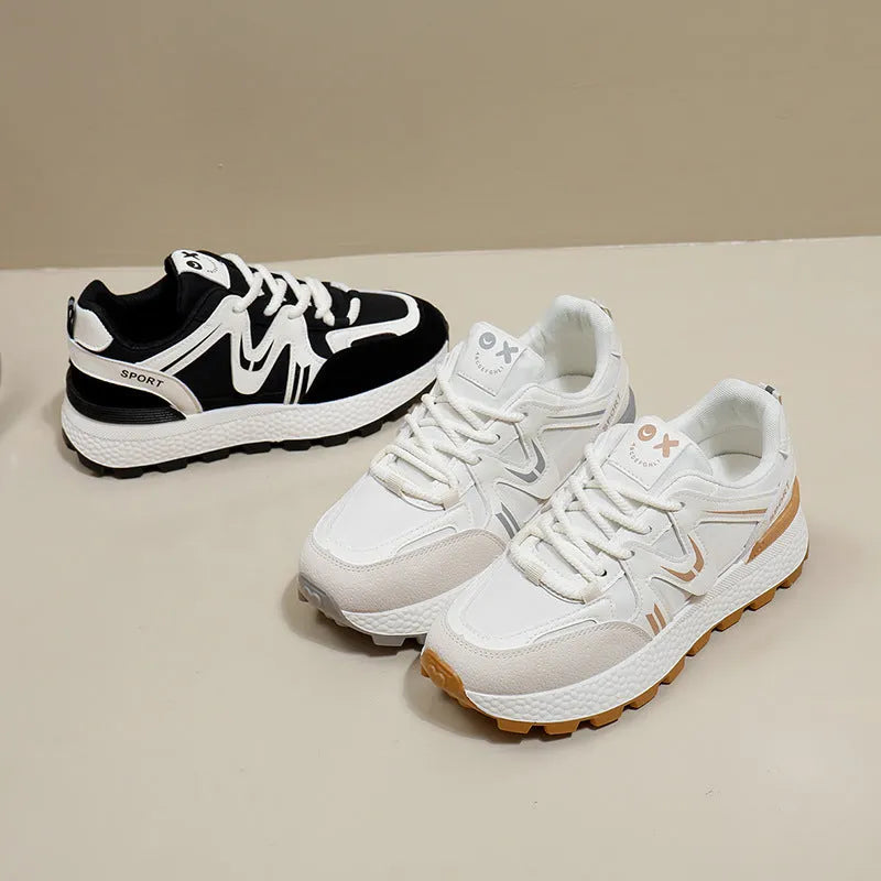 Women's black artificial PU platform casual shoes with round toe and front lace-up closure on a flat heel.