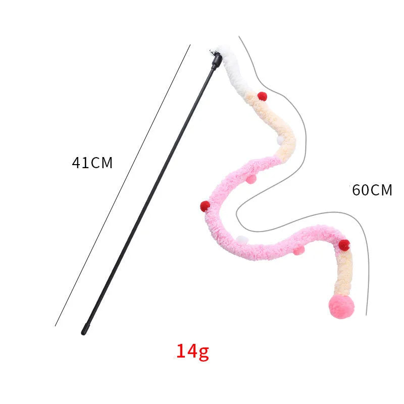 Cat wand toy with colourful plush strip, fluffy ball, and bells on a 41cm pole