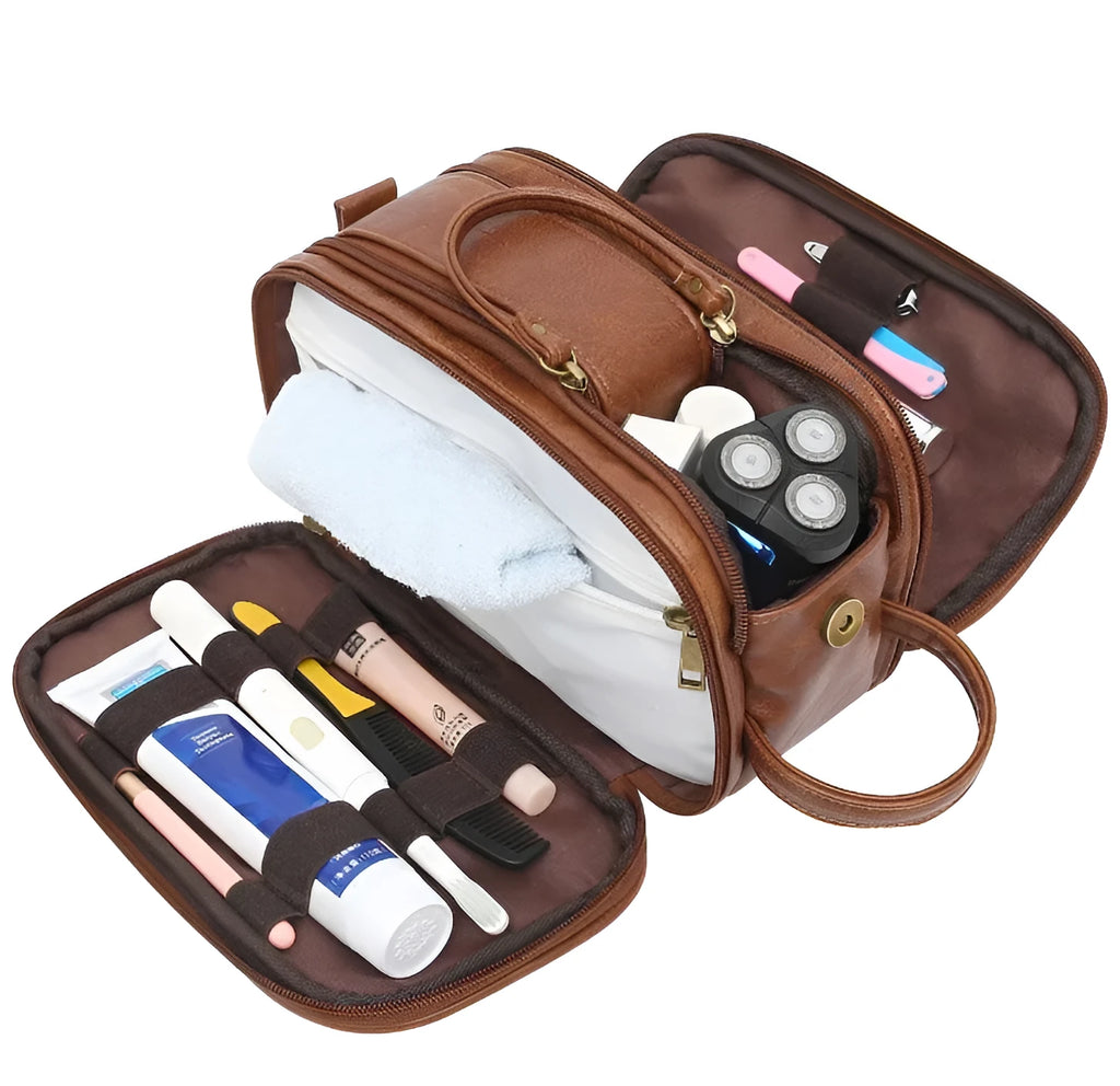 Men's black and brown PU leather toiletry bag for travel storage of cosmetics.