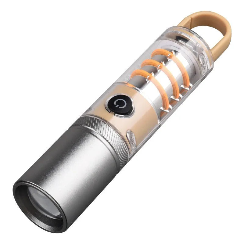 Orange 10W dual-light flashlight with optical zoom and keychain attachment