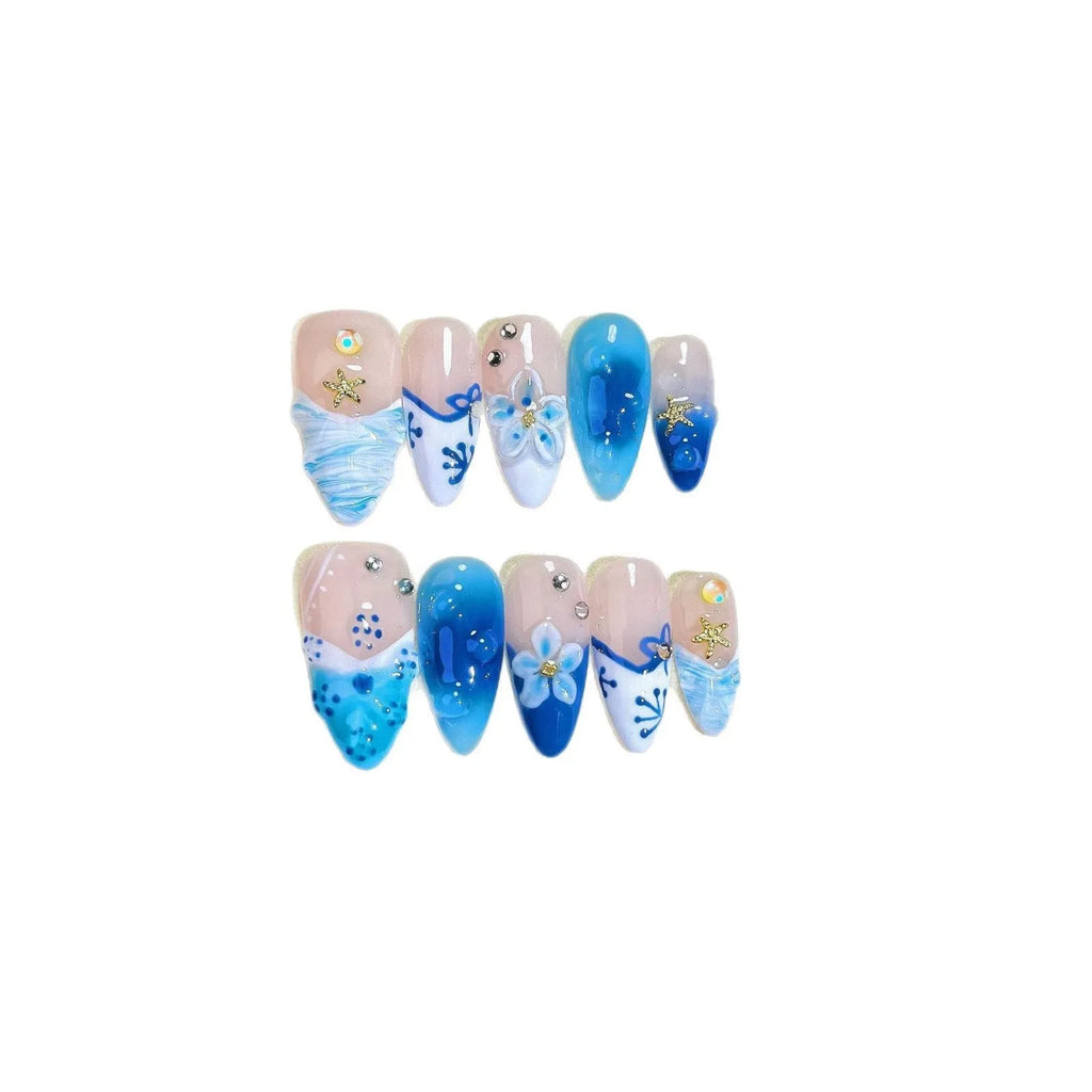 Blue hand-painted carved summer ice transparent plastic fake nails with decorative surface texture