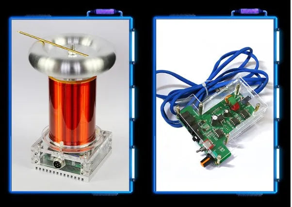 Tesla coil driver board unit with 3.5mm audio port, showing dimensions 100x115x205mm.