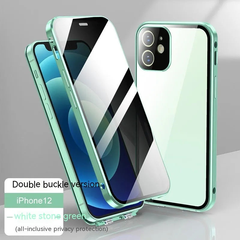 Double-sided buckle glass privacy phone case for iPhone in black, blue, gold, green, or silver