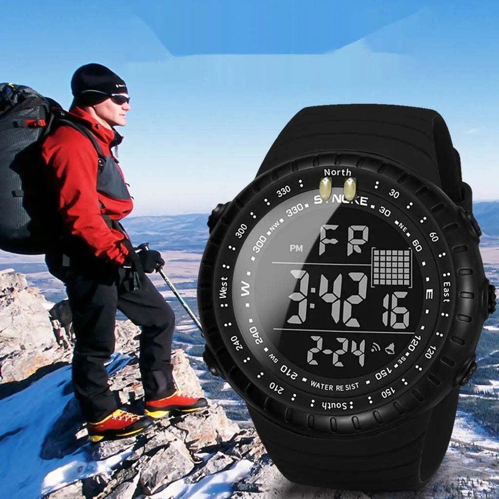Black men's outdoor electronic watch with 54.74mm plastic case and PU strap WR50M waterproof