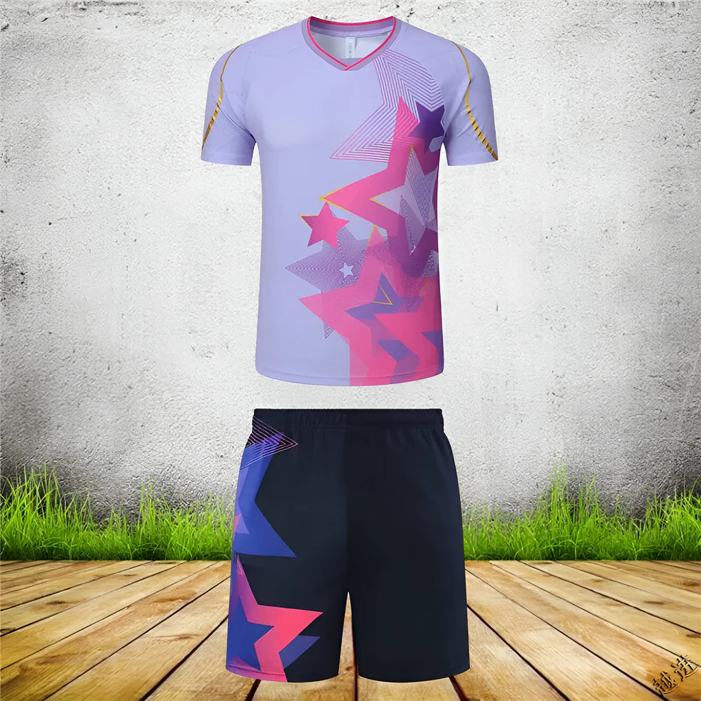 Sapphire blue and purple badminton sportswear outfit with short-sleeved top and trousers for men and women