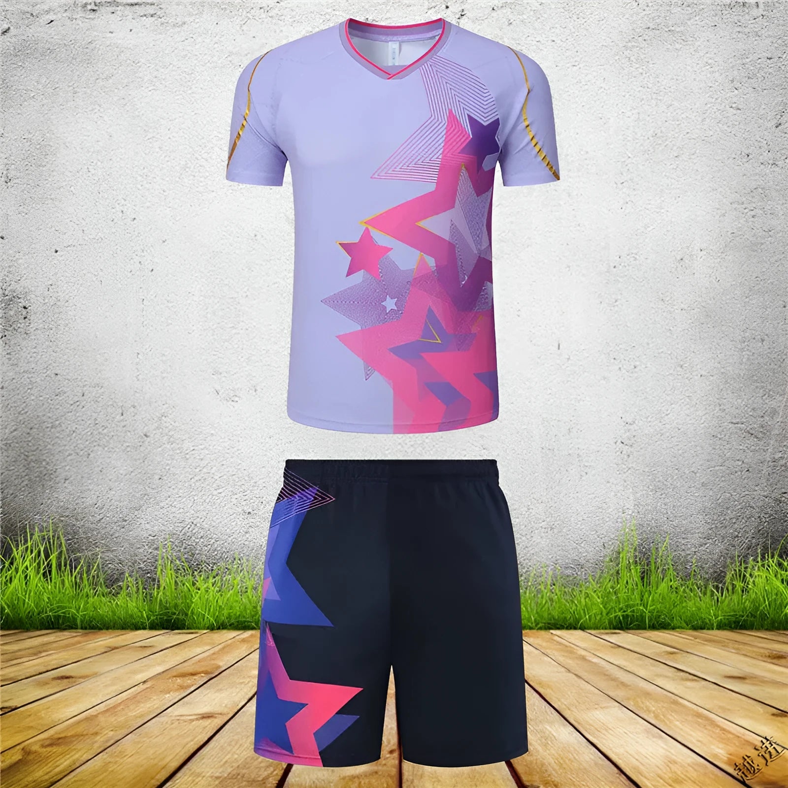 Sapphire blue and purple badminton sportswear outfit with short-sleeved top and trousers for men and women