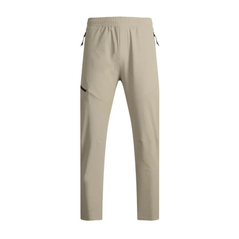 Men's waterproof quick-dry nylon workout trousers in multiple colours on a size chart.