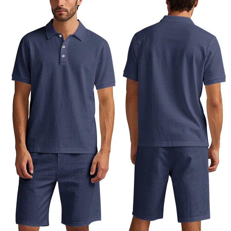 Men's loose linen-blend shorts set in light blue with short sleeve shirt and matching shorts