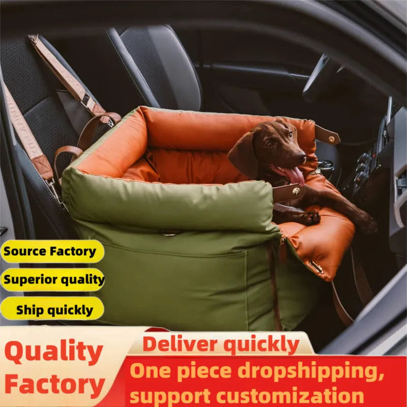 Green waterproof PU faux leather dog car nest with removable cushion, dimensions 55cm by 50cm by 45cm