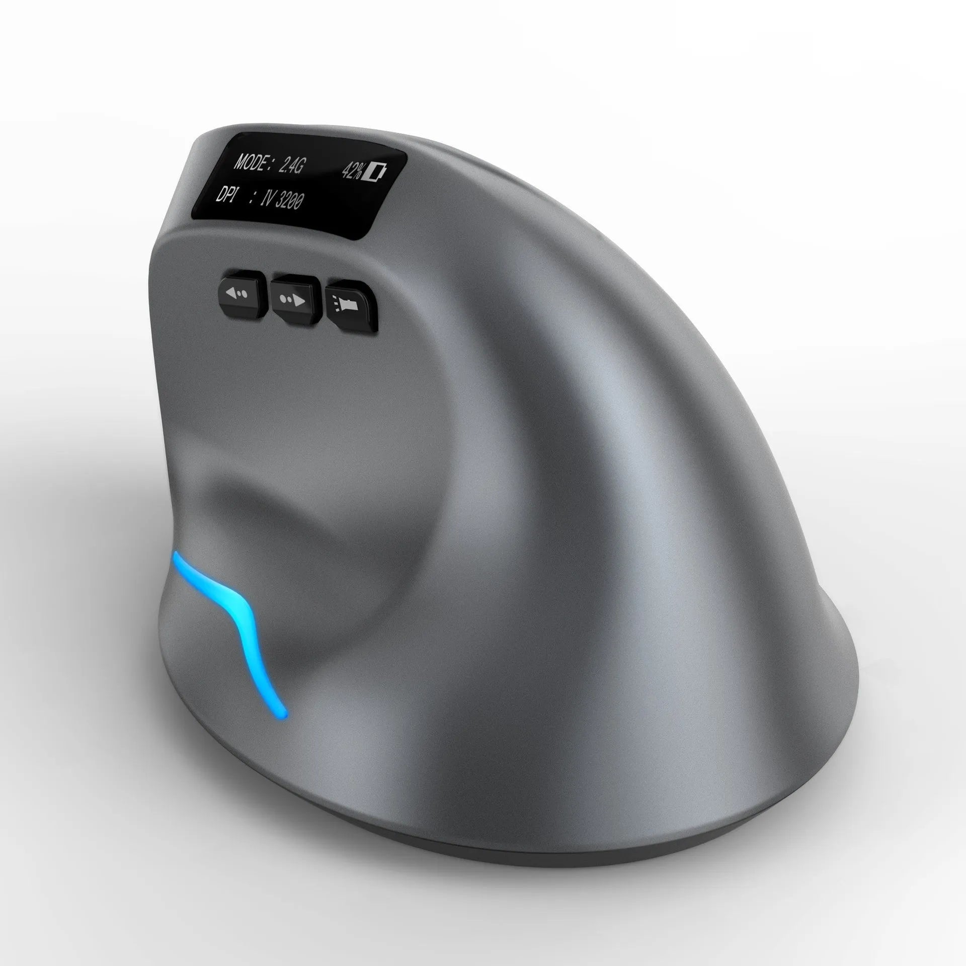 Grey vertical ergonomic mouse with wireless charging and Bluetooth connectivity for laptops