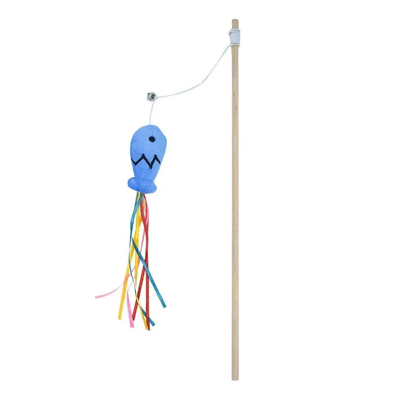 Cat wand toy with wooden handle, colourful ribbons, catnip fish and bell for interactive play