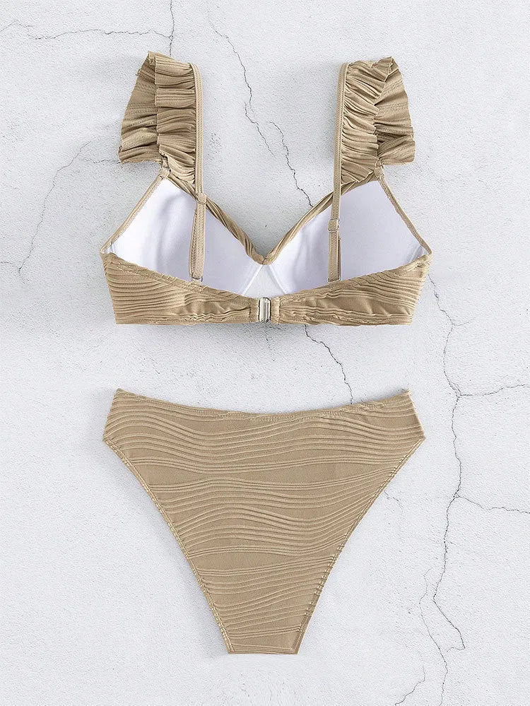 Women's solid colour bikini swimsuit set in black or khaki, made from polyester fabric.