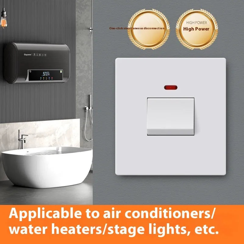 High-current illuminated switch for appliances in gold, grey, or white finish showing on/off light panel.