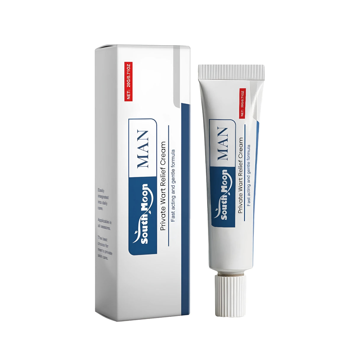 20g tube of wart relief cream for men with salicylic acid, mint leaves, and aloe leaves.