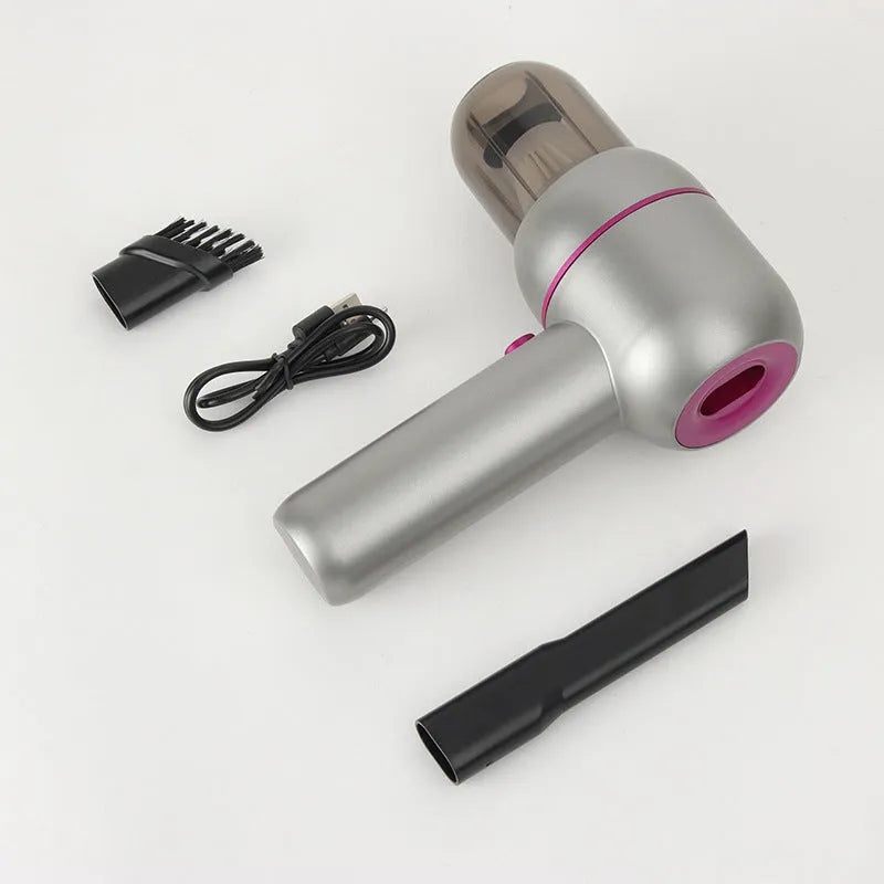 Grey handheld portable car vacuum cleaner with brush and extended nozzles showing 19cm dimensions