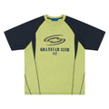 Blue men's t-shirt with printed letters and raglan sleeves on hanger