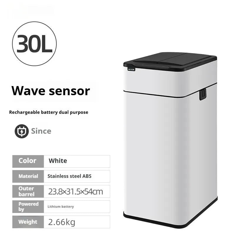 Square stainless steel inductive smart trash can with sensor lid.