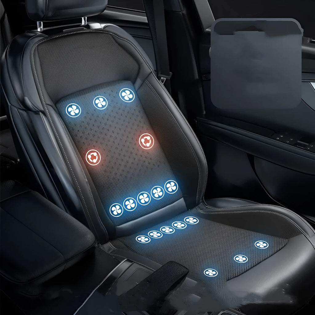Car seat cooling pad with USB cable and built-in ventilation fan in minimalist black design