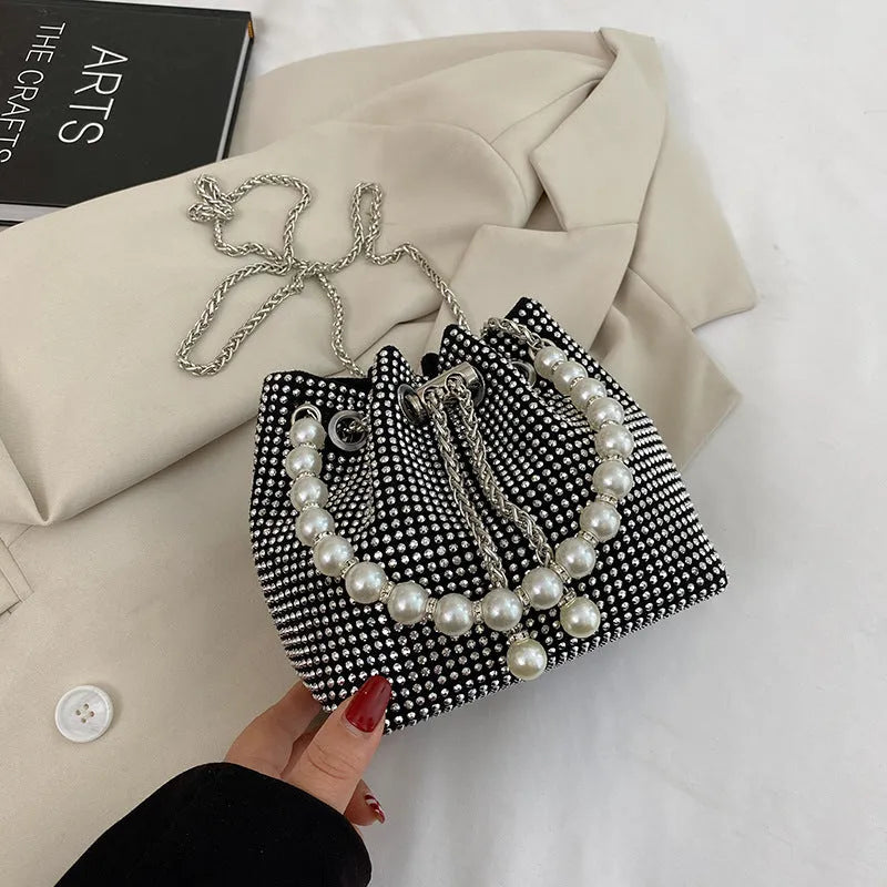 Western style diamond crossbody bag with chain strap in bucket shape design