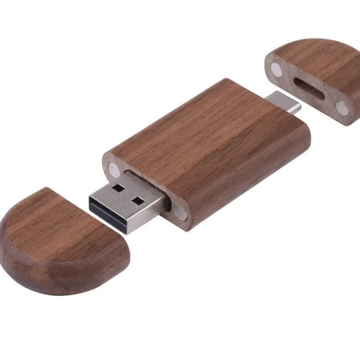 Maple wood USB flash drive with TYPE-C connector showing wooden construction and dual interfaces