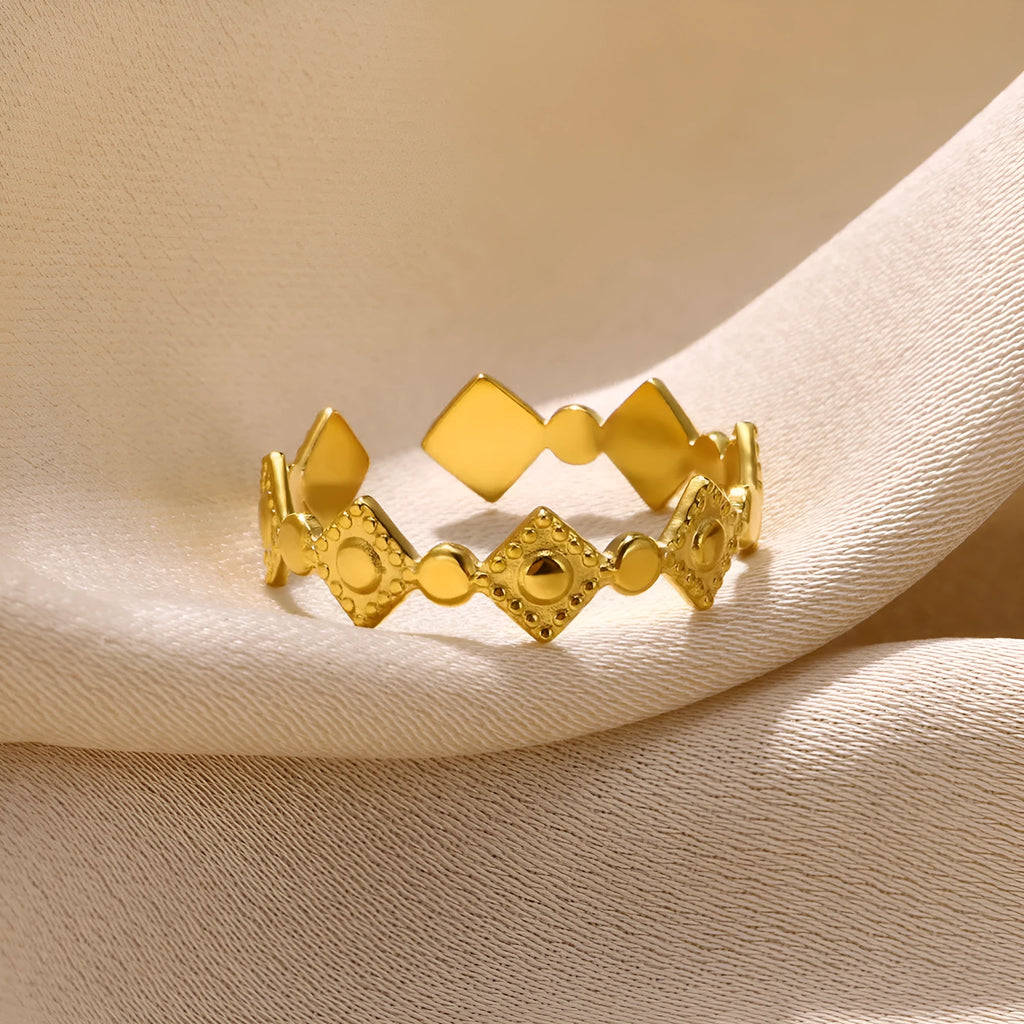 Geometric gold diamond titanium steel ring for women, free size adjustable design