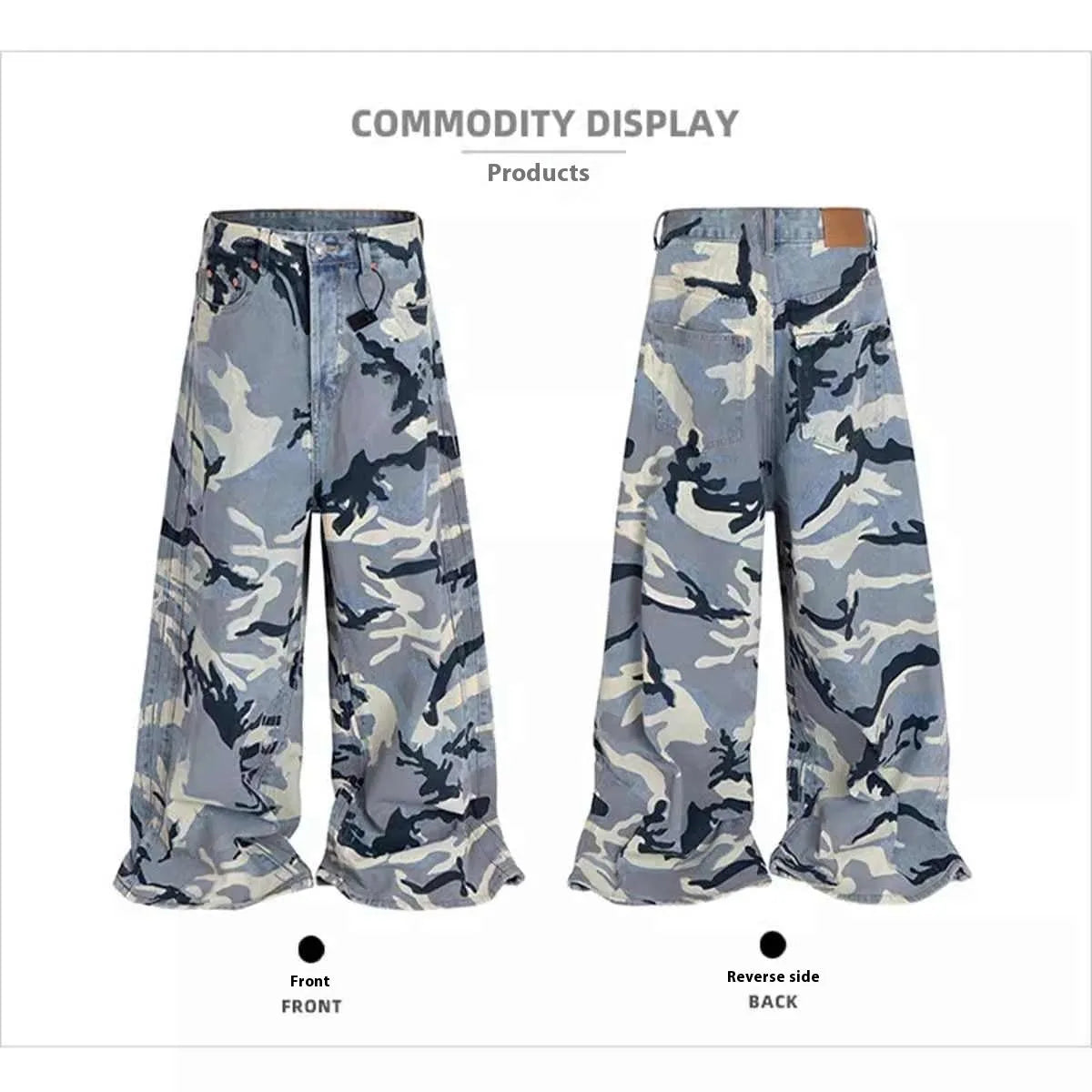 Snow camouflage blue loose-fit jeans with a mid waist on a hanger