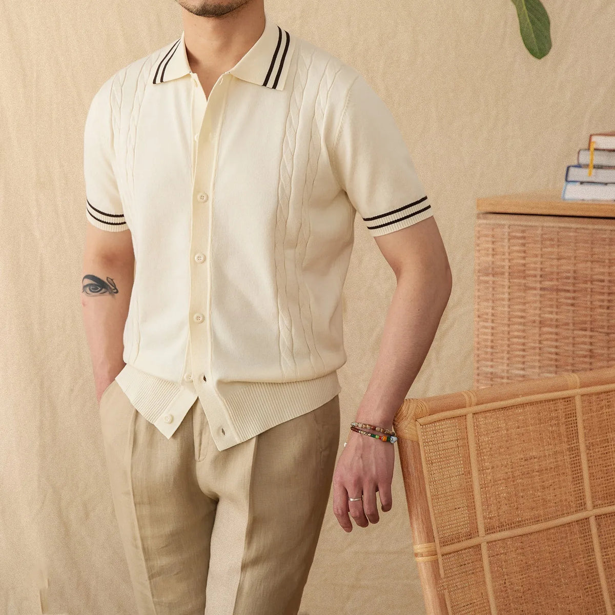 Cotton blend lapel polo shirt in apricot colour with short sleeves and knitted construction