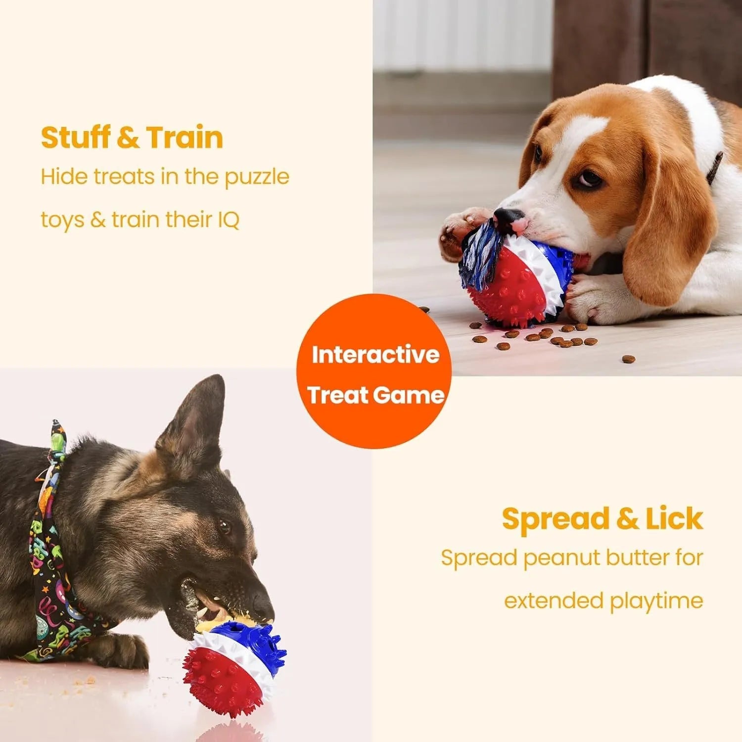 Blue red and yellow ball-shaped dog toy with treat dispenser hole and rope attachment