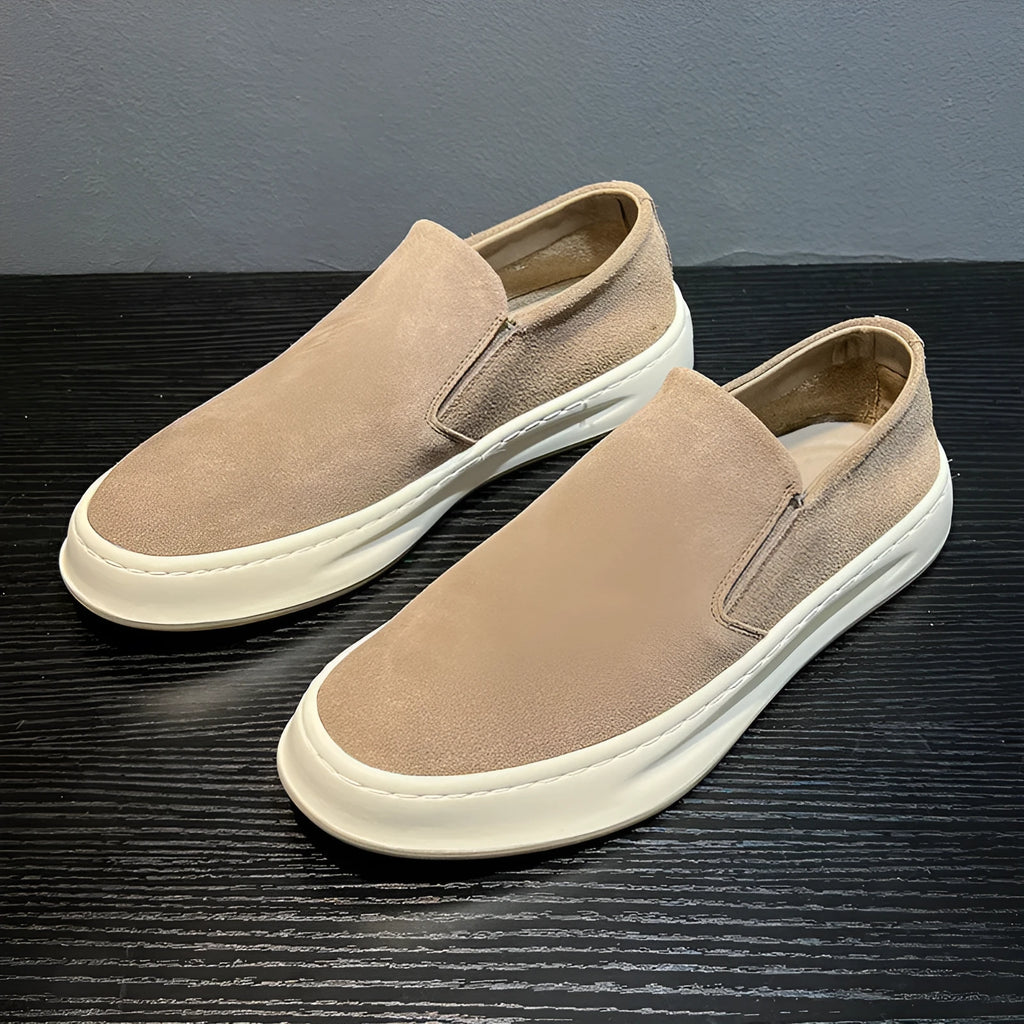 Men's grey and apricot casual slip-on shoes with height increasing insoles and round toe design
